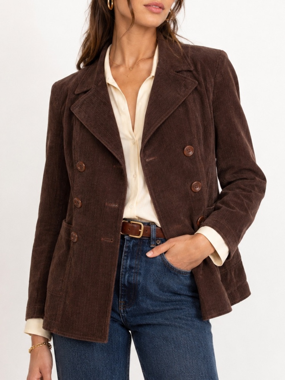 Vintage Bernadette Conte Brown Soft Corduroy Double-Breasted Blazer Jacket | 6